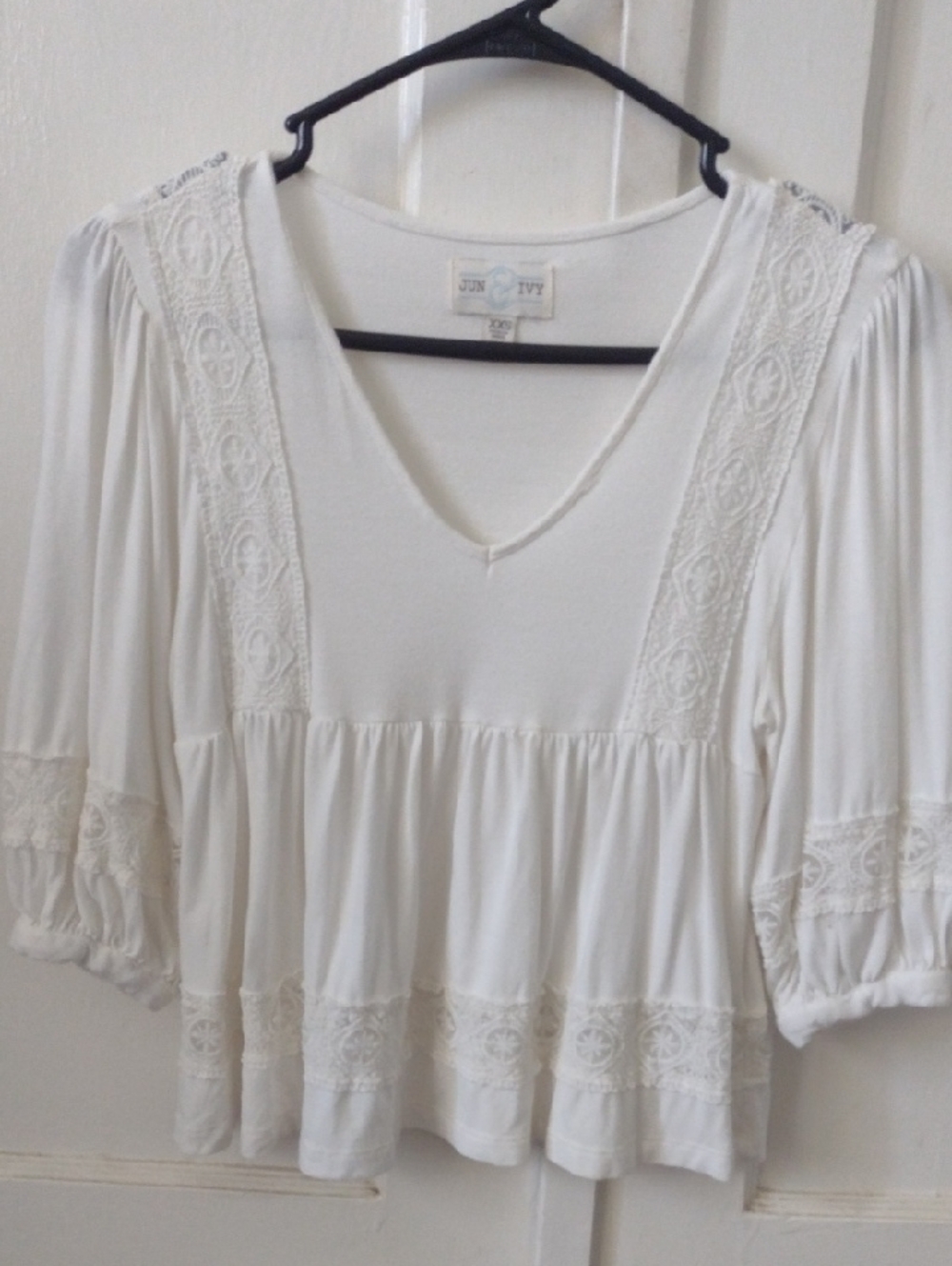 June & Ivy White Lace-Trim Peasant Blouse
